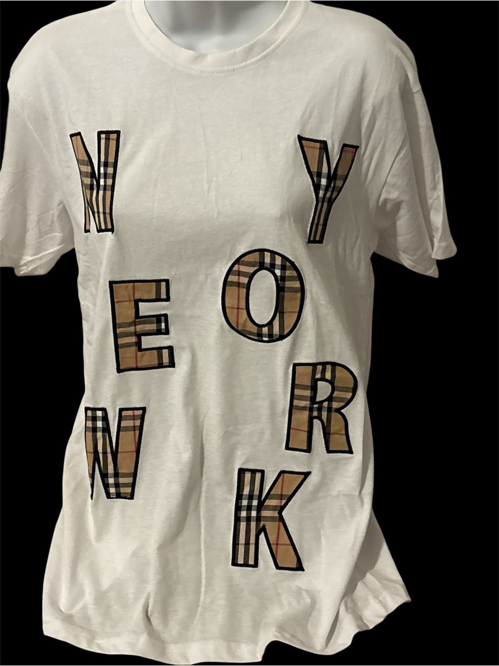 Newyork White Tee with Beige Check Lettering